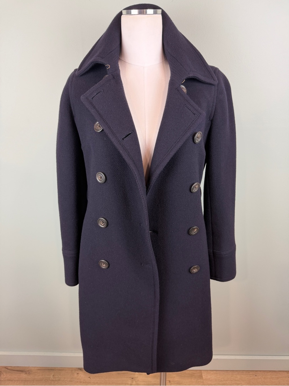 J.Crew Stadium Cloth Wool Classic Double-Breasted Navy Blue Trench Coat size 2